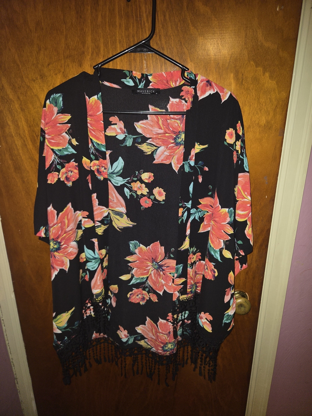 Maverick Black Floral Fringe Kimono Cardigan Open Front Short Sleeve Size M